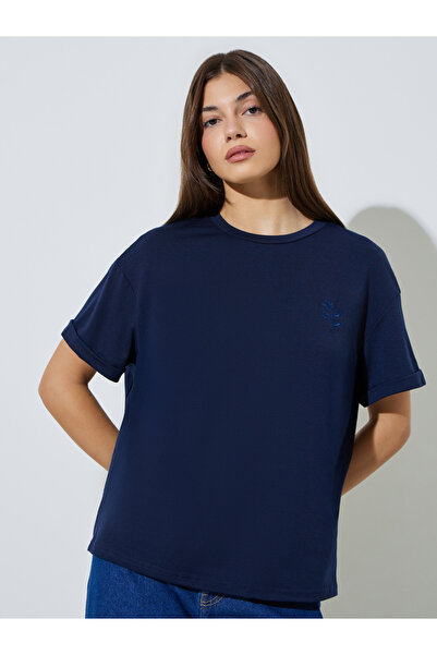 Styli Dark Blue Round Neck Embroidered Regular T-Shirt