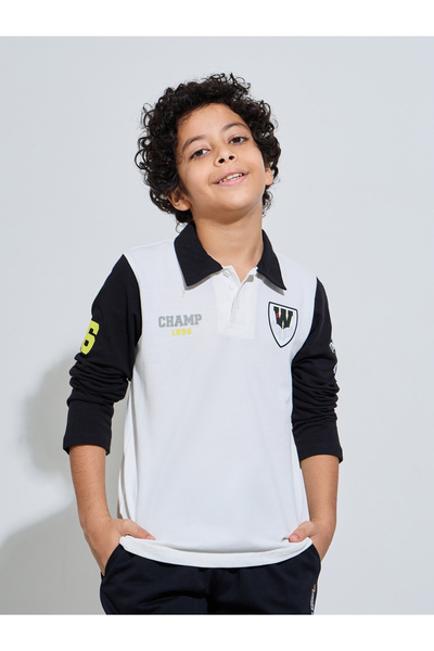 Styli Teen Boys Off-White Polo T-Shirt with Long Sleeves