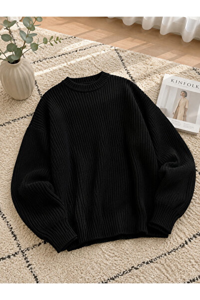 DepoExport Kadın Premium Oversize Yumuşak Bisiklet Yaka Triko Kazak