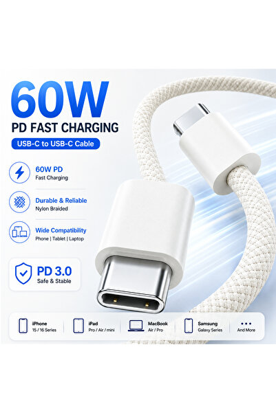 choice2 Type-C to Type-C 0.5m White 60W USB C to USB C Cable Fast Charging, W...