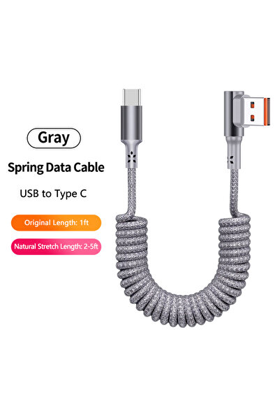 choice2 1.5m Grey LR A-C Right Angle USB A to USB C Coiled Cable for Android ...