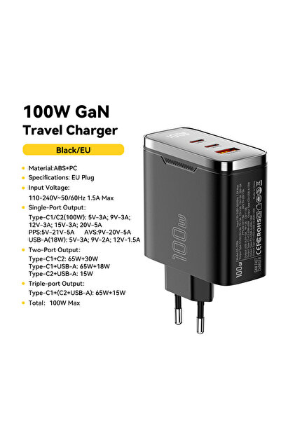 choice2 ESSAGER 100W EU Black A 2C Essager 100W GaN USB Type C Charger with D...