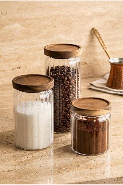 Atbyhome مجموعة من 3 برطمانات زجاجية مخططة بغطاء مفرغ من خشب الأكاسيا سعة 500...