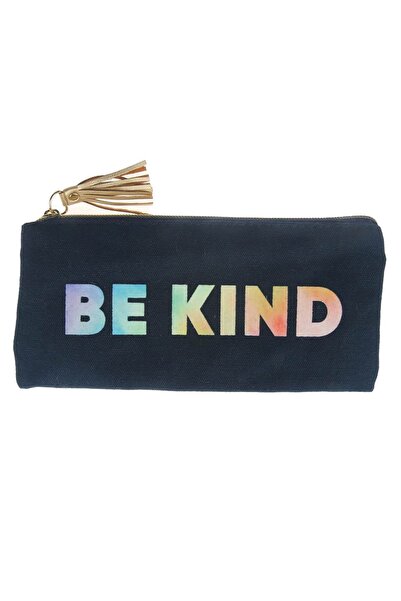 Zâna Casei Син несесер за моливи Be Kind със златни ресни, 21x9 см