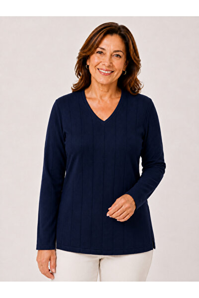 MISSRUBA Women's Medium and Above Age Navy Blue Ribbed Slit Mother Blouse
