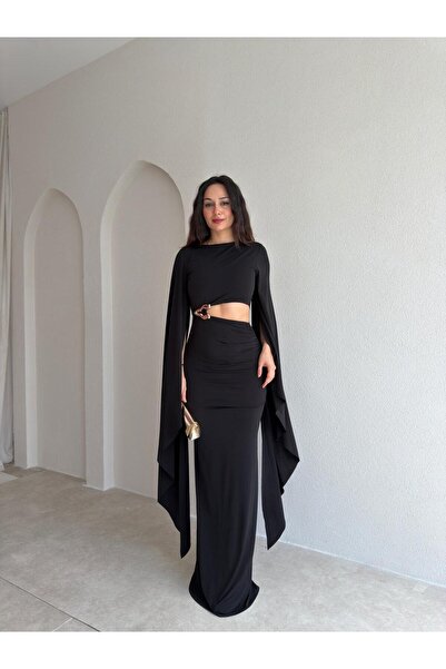 Mooi Butik Sorenta Waist Detailed Maxi Dress 4019 - Black