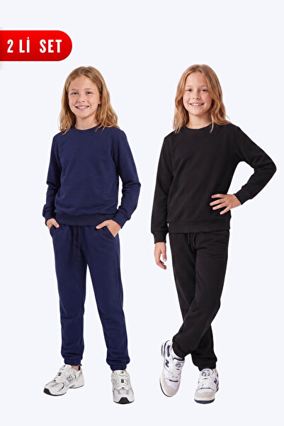 FYK KİDS Girl's 2-Piece Plain Crew Neck Double Pocket Tracksuit Set