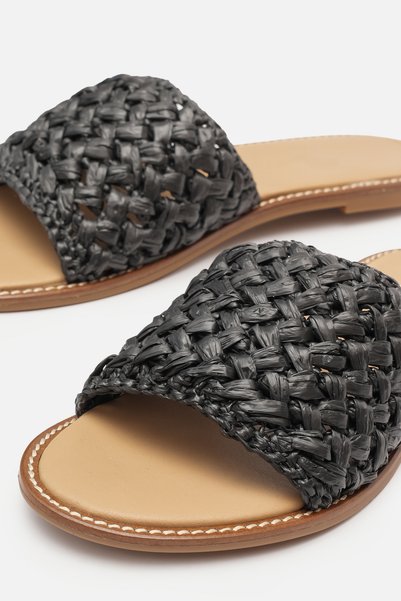 Bestyle Woven Daily Hasır Örgü Detaylı Hakiki Siyah Deri Kadın Terlik
