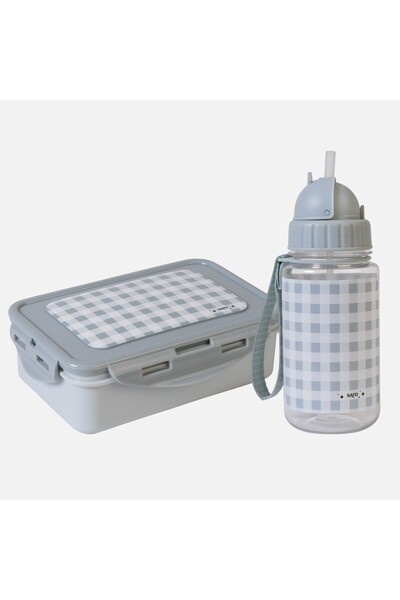 saro Water Bottle and Lunch Box Set - Checkered - Gray