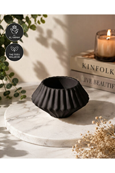 Dekoratif Taş Tozu Mumluk Vazo – Modern Minimalist Kabartmalı Tasarım – El Yapımı Dekorasyon Objesi