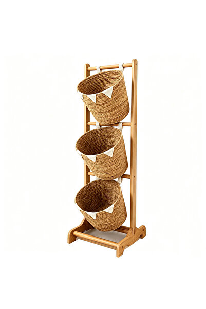 Generic Brand FFD 3-Tier Wooden Storage Rack with Handwoven Jute Baskets - Fr...