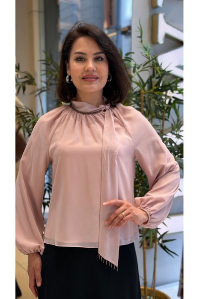 DAWN LİNE Women's Scarf Collar Blouse Powder Long Sleeve Stylish Blouse |   Chiffon Blouse