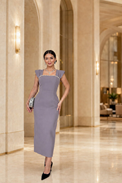 Deafox Gray Stone Detail Thick Strap Square Neck Slit Crepe Fabric Dress