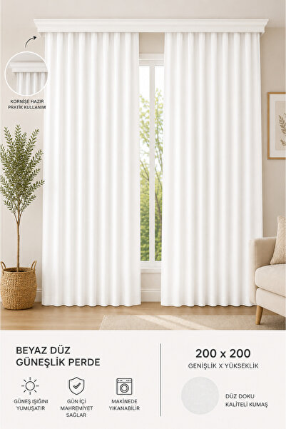 İQON Plain Thick Sunshade Curtain Satin White – Curtain Ready for Cornice 200...