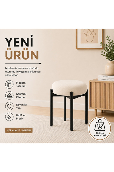 EVDERA MOBİLYA CEMRE TEKLİ PUF TABURE BENCH MAKYAJ SANDALYESİ SİYAH AYAK