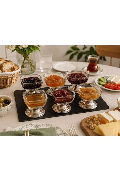 Aslı Hediyelik Set of 6 Silver Mini Square Glass Turkish Delight Bowls with F...