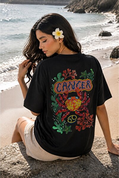 GIA - ART Women's Oversize T-Shirt with Cancer Print in Black – Crew Neck, Co...