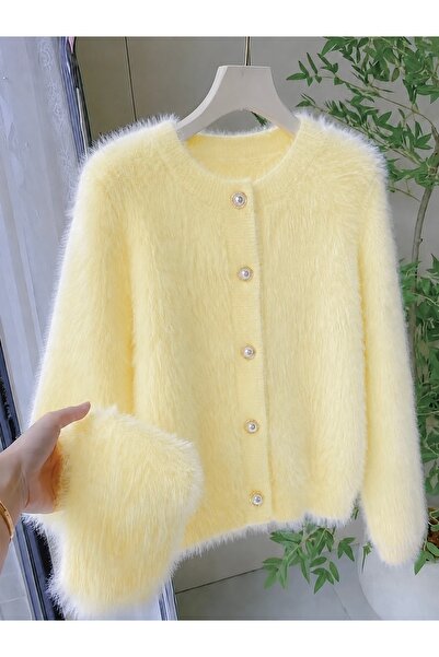 NATUFIAN STORE Women's Plush Look Soft Furry Crew Neck Basic Knitwear Cardigan