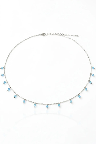 PRVT Blue Beaded Dangle Silver Color Necklace
