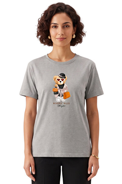 DK DAKSEL Women's Gray Beverly Hills Teddy Bear Printed T-Shirt Comfortable F...