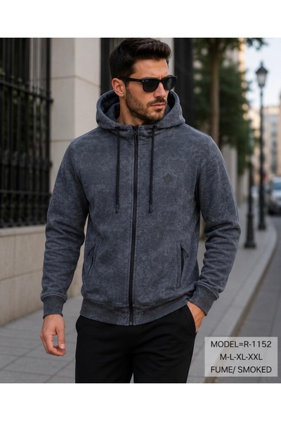 grand coco Men's 2 Thread Compact Combed Cotton Patterned Smoked Hooded Jacket