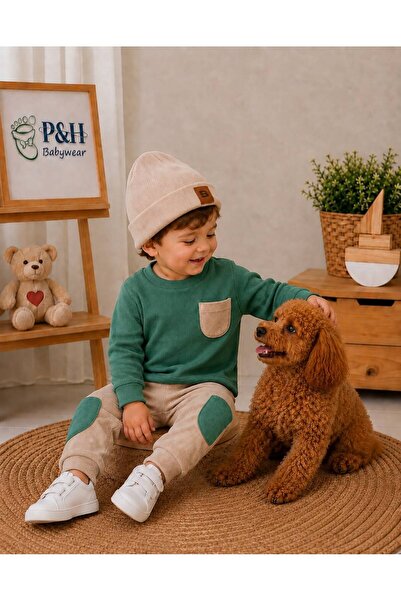 P&H BABYWEAR Ribbed Flexible Fabric Pocket Detailed Beret 3-Piece Baby Boy Set