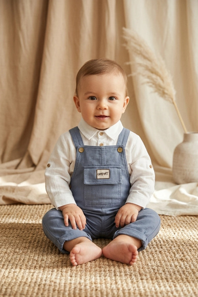 DYZSTAR Dyzstarebaby Boy Blue Linen Textured Salopet and White Shirt Set - 10...