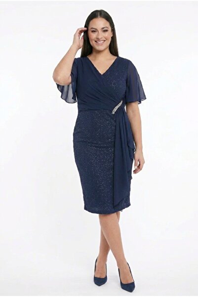 By Saygı Women's V-Neck Chiffon Sleeves Lined Side Handkerchief Stoned Plus S...