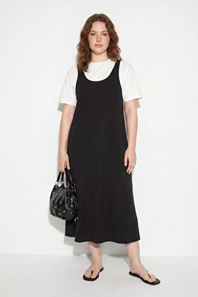 Efnaz style Women's Basic T-Shirt Detailed Strappy A-Line Maxi Black Dress