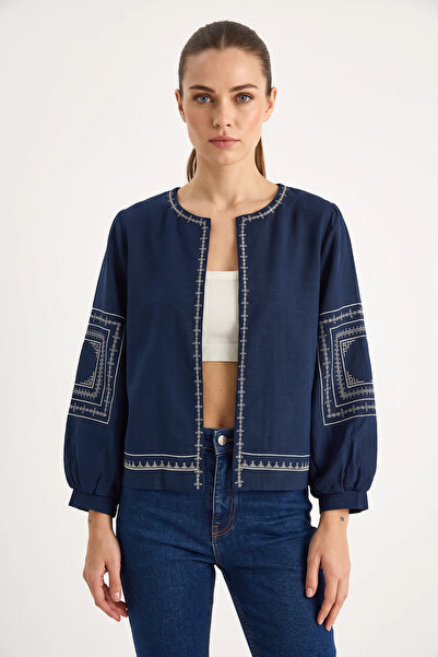 Efnaz style Women's Embroidery Detailed Summer Muslin Navy Blue Jacket