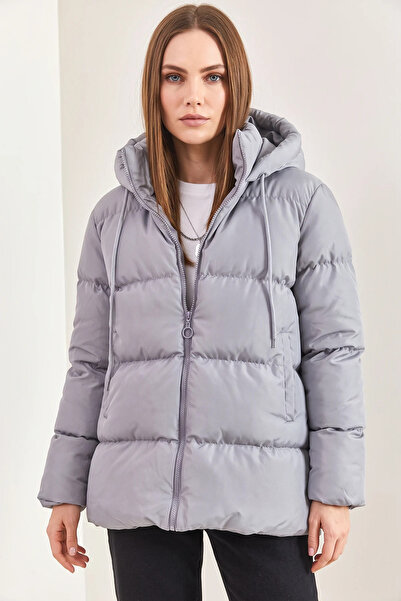 Efnaz style Women's Hooded Lace-Up Long Gray Coat