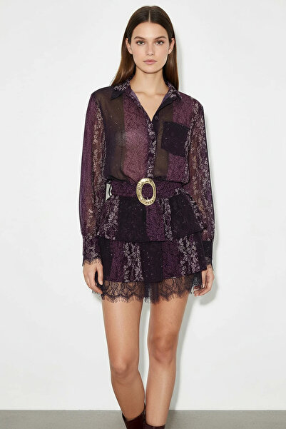 Efnaz style Women's Lace Detailed Patterned Belted Flounced Tulle Purple Dress