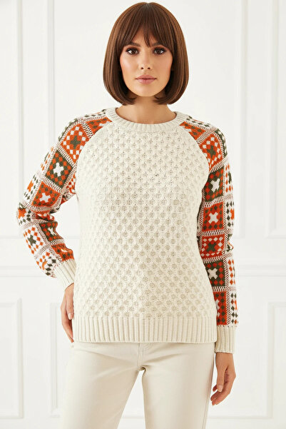 Efnaz style Women's Patterned Knitwear Ecru Sweater