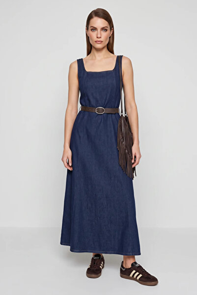 Efnaz style Women's Wide Collar Strap Belted Flared Denim Navy Blue Dress