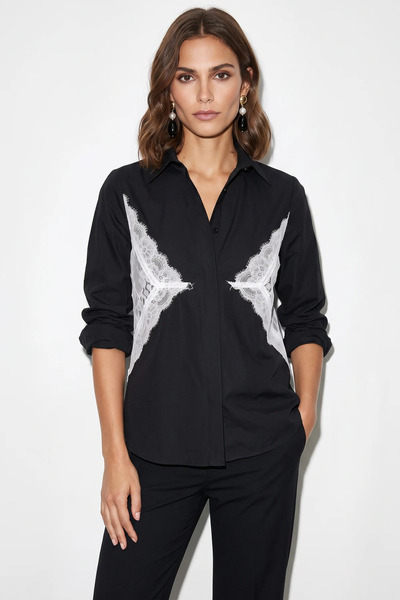 Efnaz style Women's Black Shirt with Lace Detail at the Waist and Tie at the ...