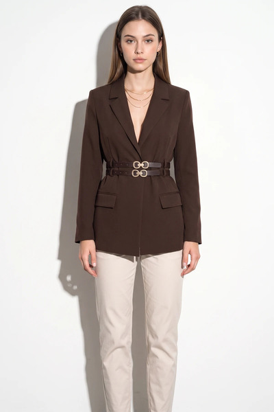 Efnaz style Women's Classic Double Belt Detailed Lined Blazer Bitter Brown Ja...