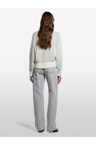 Sisley Kadın Krem Yün Karışımlı Tamamı Delikli Düğmeli Nervürlü Oversize Hırka
