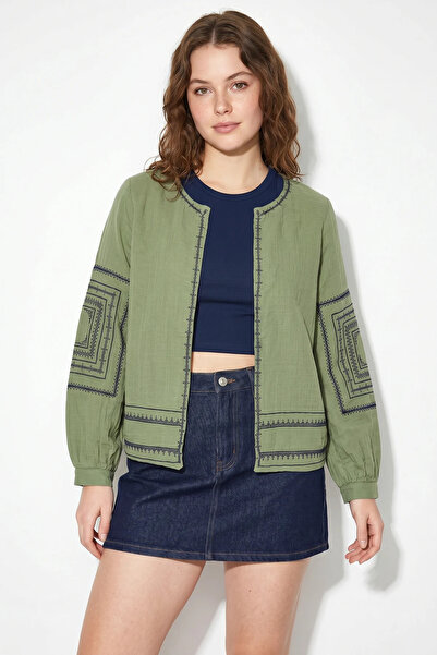 Efnaz style Women's Embroidery Detailed Summer Muslin Green Navy Blue Jacket