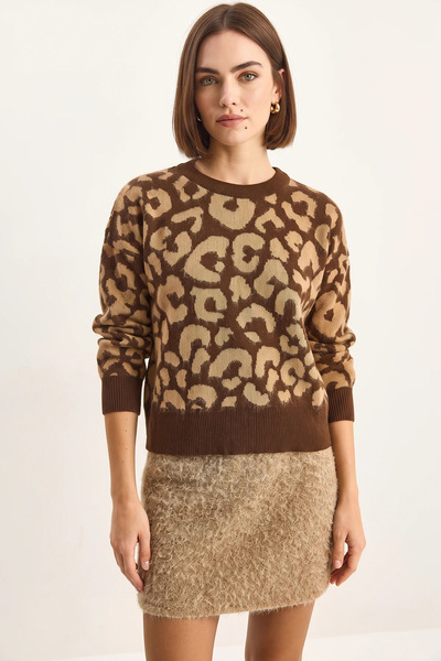 Şeker Portakalım Women's Leopard Patterned Crew Neck Basic Knitwear Brown Cam...