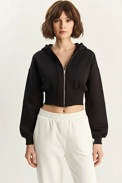 Efnaz style Women's Zippered Hooded Waist-Fitted Stretchy Knitted Crop Black ...