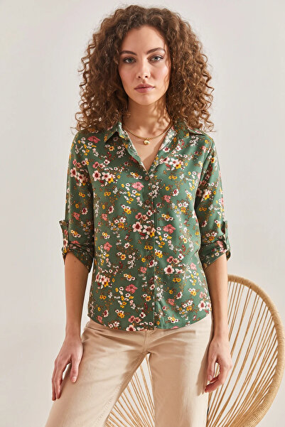 Efnaz style Women's Folded Sleeve Patterned Viscose Khaki Shirt