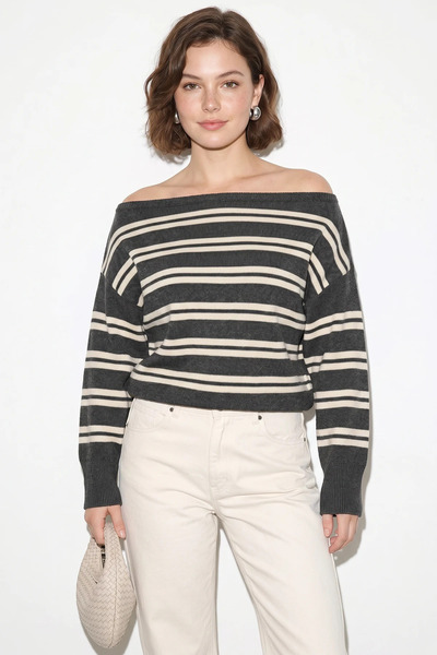 Efnaz style Women's Boat Neck Striped Knitwear Anthracite Sweater
