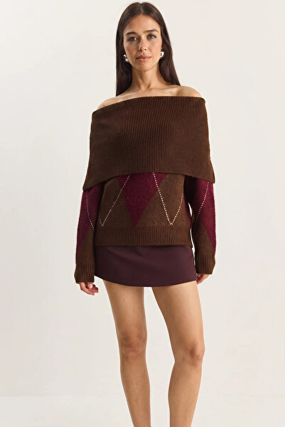 Efnaz style Women's Madonna Collar Diamond Patterned Knitwear Brown Burgundy ...