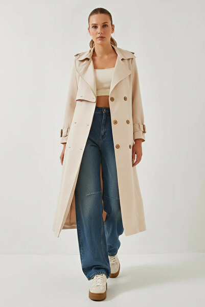 Efnaz style Women's Windbreaker Detailed Covered Trench Coat Cream