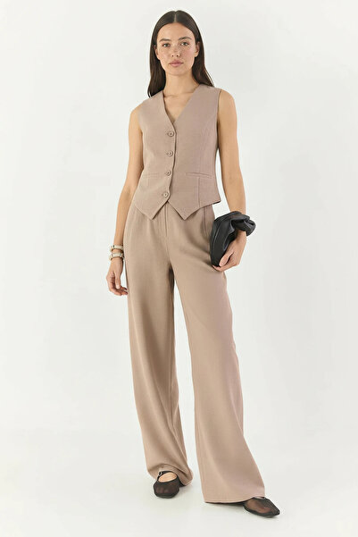 Şeker Portakalım Women's High Waist Trousers and Vest Mink Bottom-Top Set