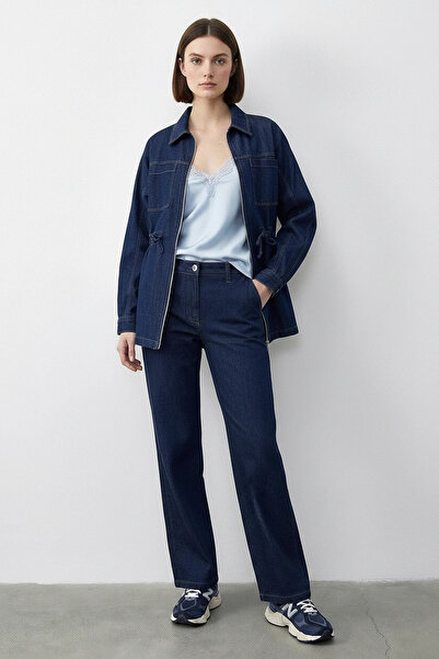 Efnaz style Women's Zippered Waist-Tie Denim Navy Blue Top and Bottom Set wit...