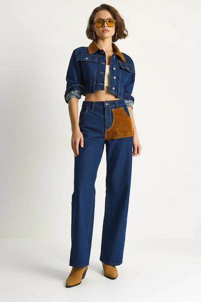 Efnaz style Women's Velvet Collar Jacket Color-Blocked Wide Leg Denim Navy Bl...