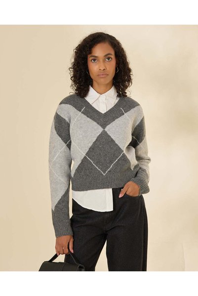 REDTAG Women Grey Argyle V Neck Pullover