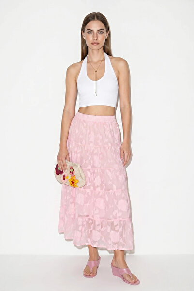 Şeker Portakalım Women's Elastic Waist Self-Patterned Lined Midi Pink Skirt
