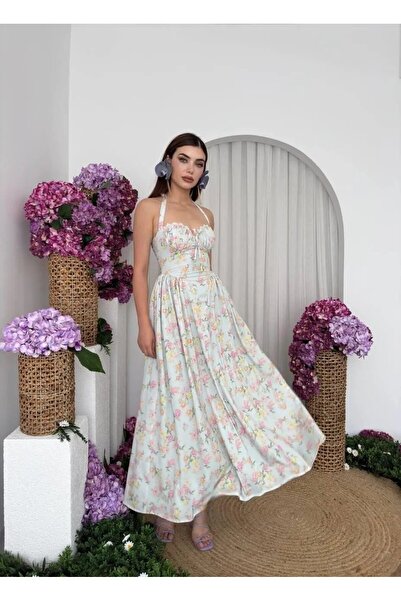 Butikcadde Çiçek Desenli Boyundan Bağlamalı Maxi Dokuma Elbise